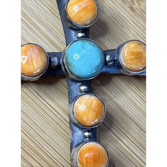 Chimney Butte Native American Sterling Cross Pendant Turquoise Spiney Oyster - Picture 3 of 9